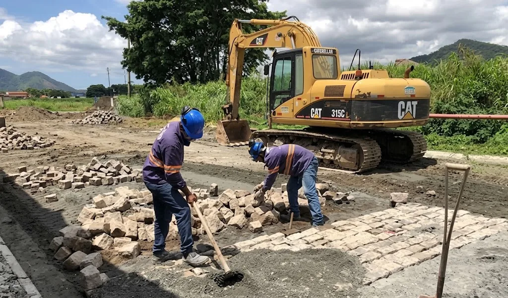 Equipe trabalhando com apoio de escavadeira da Kraterra em Cubatão